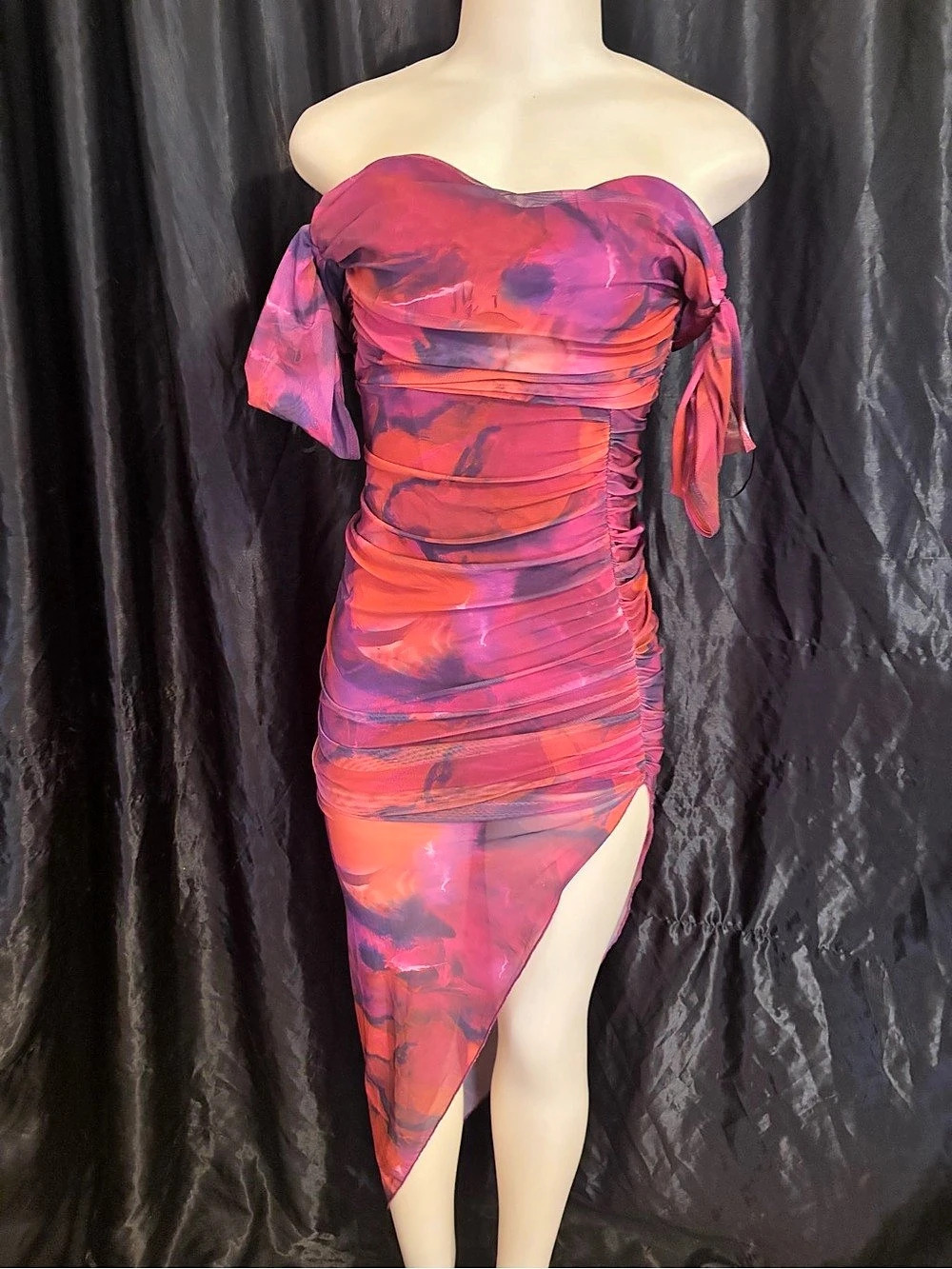 Hello Molly Runway Energy Mesh Off Shoulder Midi Dress Mini Dress Pink & Red XS